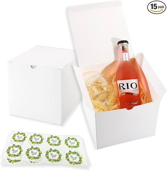 Frantis White Gift Boxes, 15 Pack 6x6x6 inch Small Gift Boxes with Lids for Weddings, Christmas, Ornaments, Bridesmaid Boxes Easy to Assemble Includes 16 Thank You Stickers