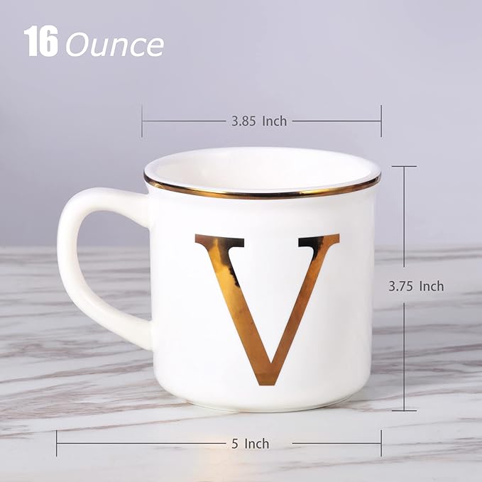 Miicol Ceramic Coffee Mug 16 oz, Monogram Coffee Cup, Golden Initial Tea Mug, Personalized Tea Cup, Unique Gift, Large Mug for Home, Office, Letter V
