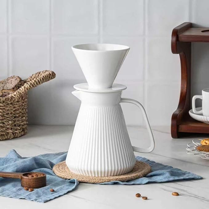 Pour Over Coffee Maker Set, Ceramic Coffee Dripper with Pot Set, 22OZ White Cream Pour Over Coffee Brewer for Home Café Restaurant Camping, Size 02