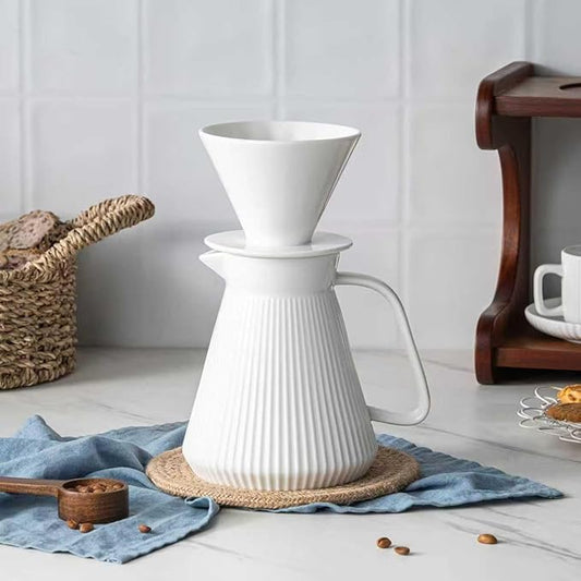 Pour Over Coffee Maker Set, Ceramic Coffee Dripper with Pot Set, 22OZ White Cream Pour Over Coffee Brewer for Home Café Restaurant Camping, Size 02