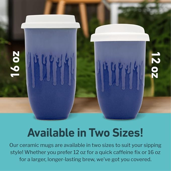 NOVA CERAMICS Ceramic Tumbler– Blue Ceramic Mug – Microwave & Dishwasher Safe Coffee White & Orange Tumbler - Leak-Proof Coffee Travel Mug – 12oz – Neptune