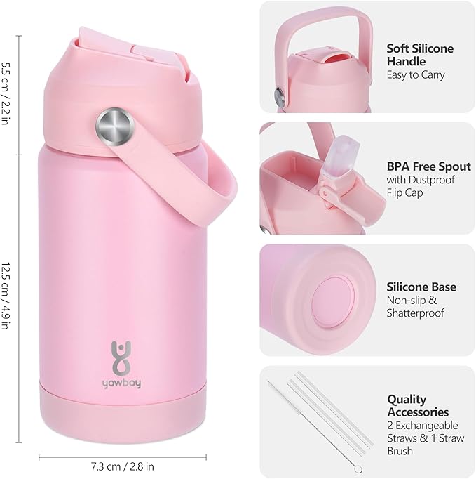 Kids Water Bottle for School 12 oz,Stainless Steel Insulated Water Bottles,Pink Water Bottles for Toddler Girls Boys with Straw Lids & Handle