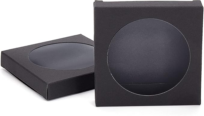 BENECREAT 24 Pack Black Kraft Paper Boxes with Clear Window 3.5x3.5x0.6" Paper Gift Packaging Boxes for Wedding Party Candy Cookies Favor Treat