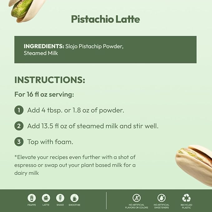 SLOJO Pistachio White Chocolate Powder - Premium Drink Mix for Hot & Cold Beverages, Gourmet Powder, Vegan, Drink Mix for Frozen or over Iced Frappes, Lattes, Iced Coffees, Milkshakes and Desserts, 14-Pound Box