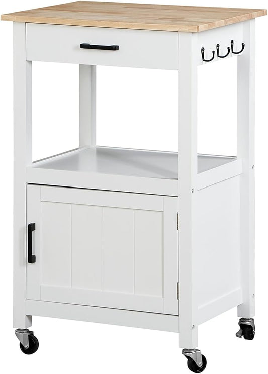 Nova Microdermabrasion Kitchen Island Cart on Wheels, Rolling Kitchen Cart with Single Door Cabinet, Mobile Small Coffee Cart Microwave Oven Cart Serving Cart for Dining Room, White
