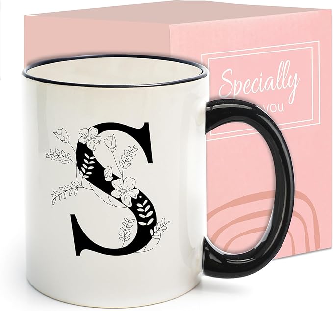 Monogram Ceramic Coffee Mugs, 11 oz Initial Drinking Cup with Gift Box, Unique Birthday Valentines Day Gifts for Women Wife Mothers Day Grandma Mom Aunt, S
