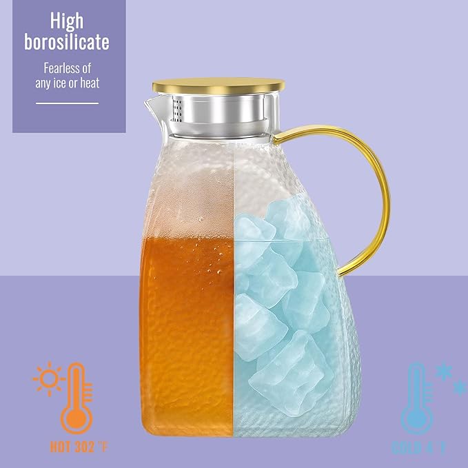 2 Pack Glass Pitcher With Handle And Lid, Large 2 Liter Glass Water Pitcher For Fridge, 68oz glass Tea pitcher Hot And Cold Iced Juice Coffee Milk, Jug Carafe For Beverages Drink