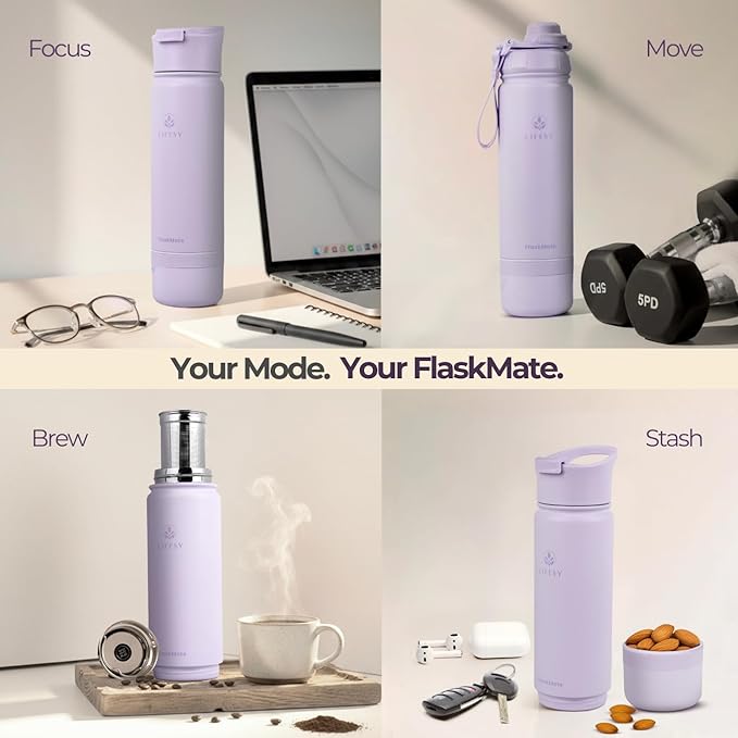 Tea Infuser Bottle & Cold Brew Travel Bottle – 18oz Insulated Flask with Storage, Filter & Dual Lids – For Work, Wellness & Gym – FLASKMATE All-in-One System (Mystic Lilac)