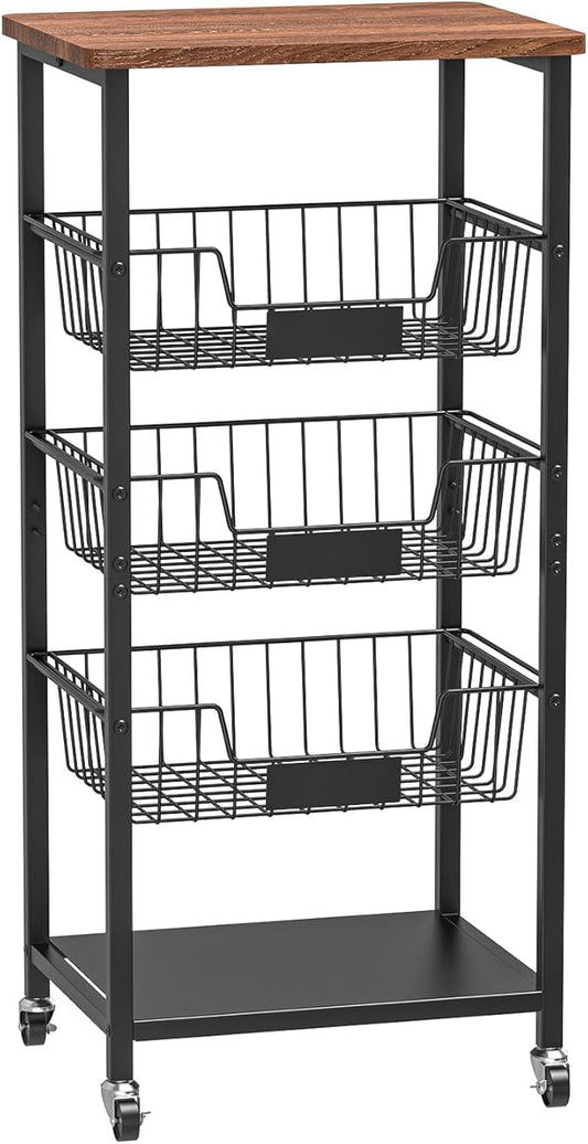 Kitchen Storage Cart, Kitchen Basket, 5-Tier Utility Organizer with Baskets and Wood Top, Rolling Snack Cart with Wheels, Metal Black