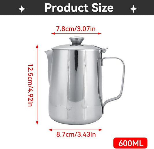 Stainless Steel Pitcher with Lid, 600ml Stainless Steel Milk Frothing Pitcher Coffee Latte Frothing Art Jug Pitcher Mug Cup for Latte Coffee Art for Office Kitchen