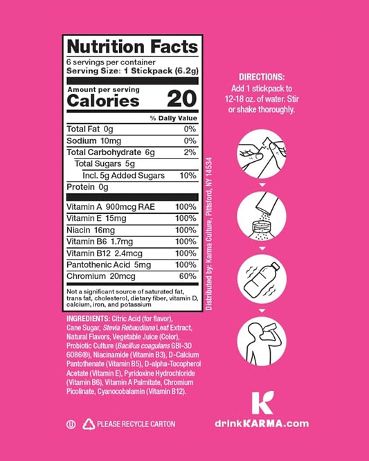Karma Probiotic Hydration Packet - 6 Pack, Strawberry Lemonade Powder Drink Mix Stick - On-The-Go Immune & Gut Health Support