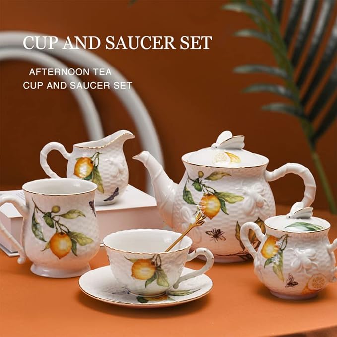 Sizikato Porcelain Sugar Bowl with Lid, 10oz Sugar Service Bowl for Tea Coffee Milk. Lemon and Bee Pattern