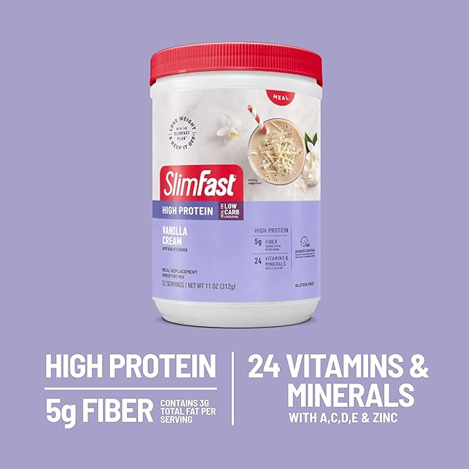 SlimFast Advanced Nutrition High Protein Meal Replacement Smoothie Mix, Vanilla Cream, Weight Loss Powder, 20g of Protein, 12 Servings (Pack of 2) (Packaging May Vary)