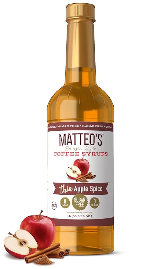Matteo's Apple Spice Syrup for Coffee, Lattes, Cappuccinos & Desserts – Sugar-Free Sweetener for Beverages, Keto Friendly, Zero Calories, Indulgent Flavor, Non-Alcoholic, Ideal for Coffee 33.8oz (1pk)