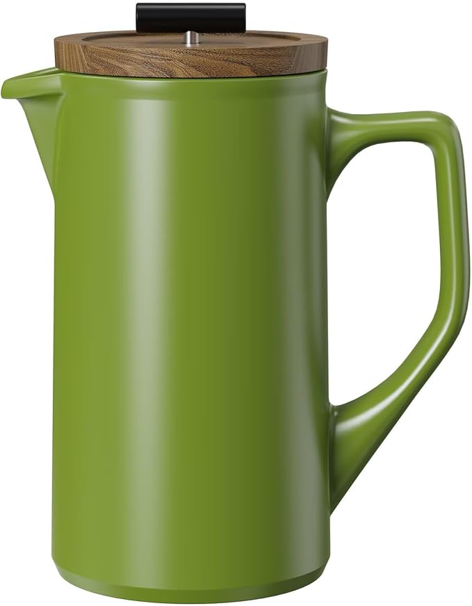 DHPO Ceramic French Press Coffee Maker, 22oz Single Serve Coffee Press with Walnut Wood Lid, Lead-Free, Food Grade Stainless Steel Filter with Dual Screen for Coffee and Loose Tea, Green