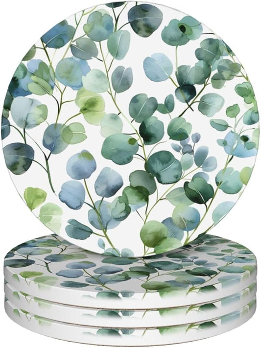 Green Eucalyptus Leaves Coasters for Drinks Absorbent Round Ceramic Coasters Set of 4 Non-Slip Cup Coaster with Cork Base for Coffee Table Drink Home Decor Tabletop Protection