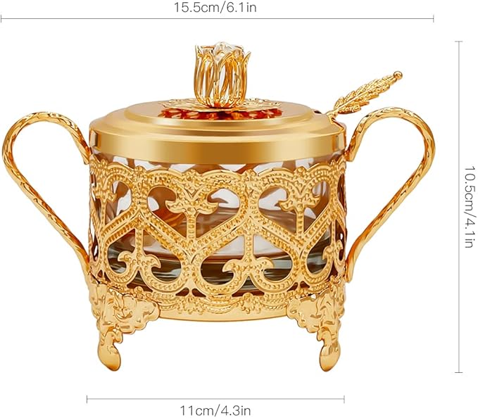 Flylin Sugar Bowl, Turkish Sugar Bowl Sugar with Sugar Spoon and Lid Dual Holder Bowl Condiment Pot Spice Glass Jar Coffee Bar Accessories Sugar Container for Home and Kitchen