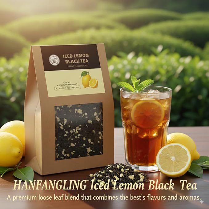 HANFANGLING Iced Lemon Black Tea - Premium Loose Leaf Blend with Real Freeze-Dried Lemon | Refreshing & Natural | Brews in Cold Water | 1.76 oz (50g) Pack