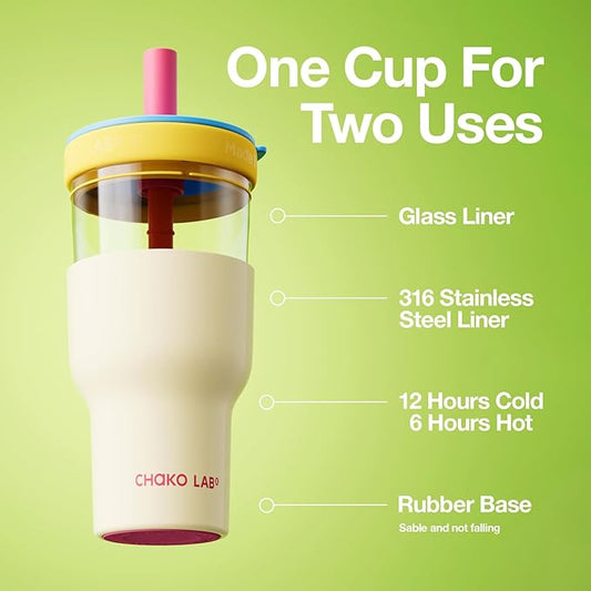 CHAKO LAB Insulated Stainless Steel Water Bottle | Dual-layer tumbler with Glass Linner and Stainsteel Linner | BPA-Free Leak Proof Thermos | 20oz Bottle with Two Straw | White & Blue