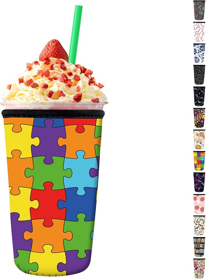 Reusable Neoprene Insulator Sleeve for Iced Coffee Cups, Medium 22-28oz Durable Drink Sleeve for Cold Beverages, Cute Beverage Holder Cup Sleeve for Women Men Cute Jigsaw