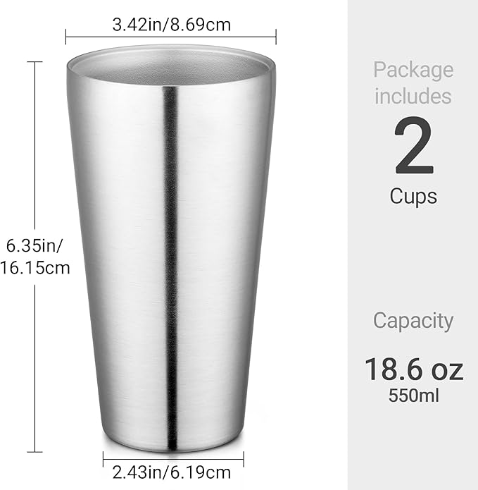 Beasea Stainless Steel Cups 19 oz, 2 Pack Large 18.6oz 550ml Stainless Steel Water Drinking Tumbler Stackable Double Wall Insulated Metal Pint Glasses Tin Cups for Home Party Camping