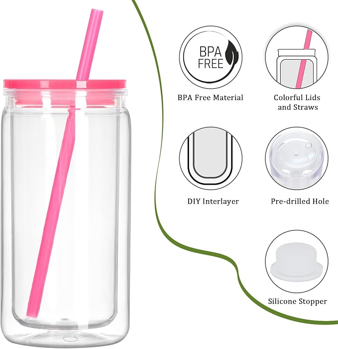 16 Oz Plastic Snow Globe Tumbler with Lid and Straw, 10 Pack Double Wall Pre Drilled Plastic Mason Jar Cups Can for Snow Globe Glitter DIY Gift(Mixed Colors)