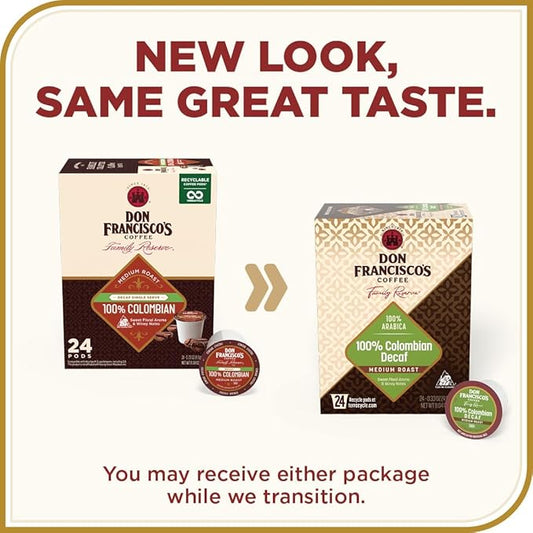Don Francisco's Decaf 100% Colombia Coffee Pods, 24 Count, Medium Roast, Compatible with Keurig Brewers