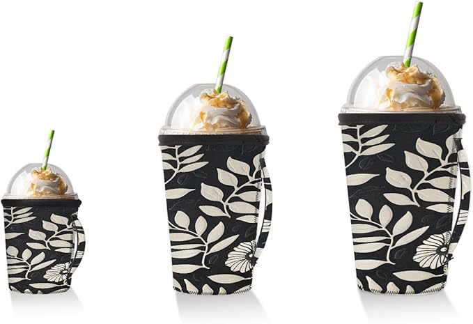 Reusable Iced Coffee Cup Sleeve Leaves Flowers Geometric Neoprene Insulated Sleeves Cup Holder with handle Idea for 24oz - 28oz