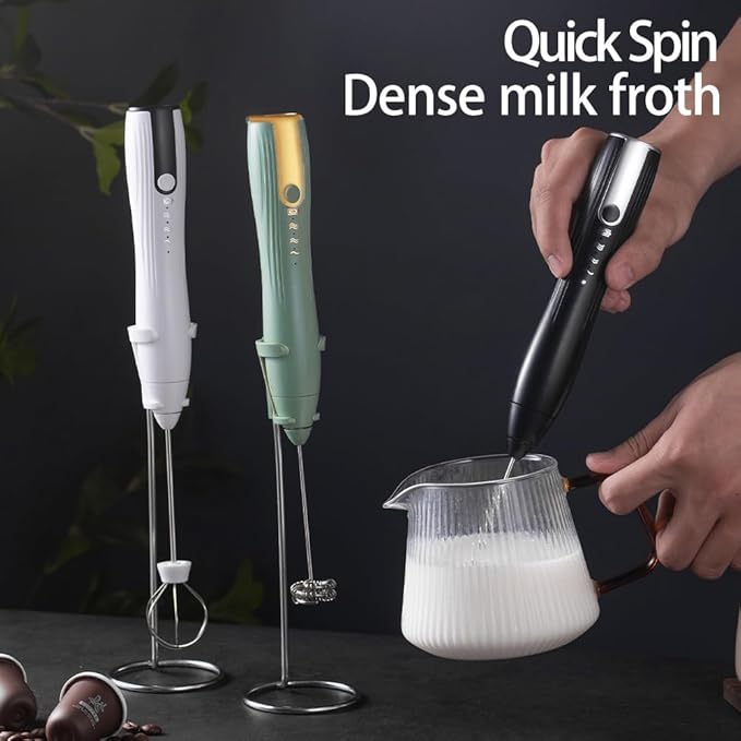 Ruciko Rechargeable 3-Speed Electric Milk Frother,Stainless Steel,Mini Handheld.Quick Type-C Charging for Lattes,Coffee,Egg Whipping & Hot Choc.With Double-Layer Frothing Head & Stand.(green)
