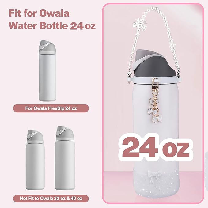 Water Bottle Accessories Set for Owala FreeSip 24oz、32 oz– Includes Pearl Handle Strap, Bow Charms,2.9in .3inch Silicone Bling Boot for Owala Accessories for Women