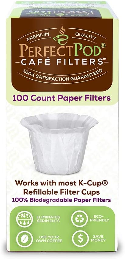 2-Item Café Flow Stainless Steel Reusable Coffee Pod + 100-Ct Café Filter Disposable Paper Cups - Compatible with Keurig 1.0, 2.0, K-Series Single Cup Coffee Makers