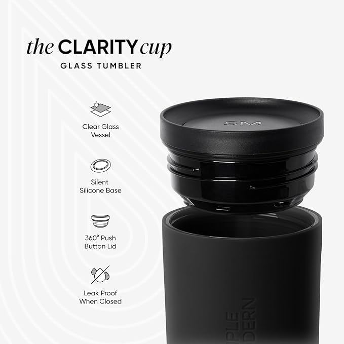 Simple Modern Clarity Cup | Glass Coffee Tumbler with 360° Lid and Silicone Sleeve | Iced Cold Brew and Tea Travel Mug | 12oz, Midnight Black