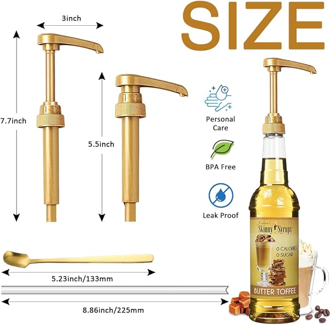 12 Packs Coffee Syrup Pump Dispenser, Fits 25.4 Oz/750ml Coffee Flavoring Syrup Bottles, No Dripping, Great for Home & Coffee Bar Drinking Mixes, Tea, Plus Spoons (Gold,5.23")