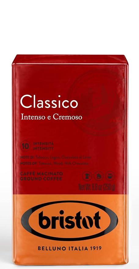 Bristot Classico Ground Espresso – Intense & Creamy Medium Roast Italian Coffee – For Moka, French Press & Pour Over – 8.8 oz (250g)