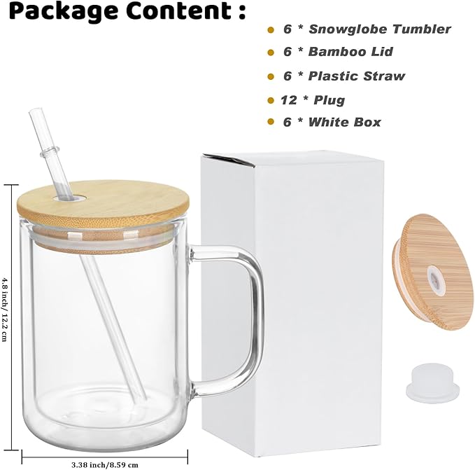 15 Oz Pre-Drilled Glass Snow Globe Tumbler with Handle, 6 Pack Double Wall Snowglobe Cup Coffee Mug For Snow Globe Diy Glitter, Clear