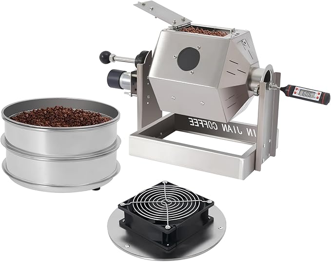 LXYIUTRW Bepritm Coffee Bean Roaster, 3.8L Stainless Steel Coffees Bean Baking Machine with Cooler&Sieves Drum Type Coffee Beans Baker Peanut Roaster for Home/Commercial Use (3.8L)