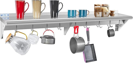 Hally Stainless Steel Shelf with 9 Hooks 12" x 60" Wall Mounted Pot Rack 315lb, NSF Commercial Floating Shelving for Storage Hanging Pots, Pans, cookware in Restaurant, Kitchen, Home and Hotel