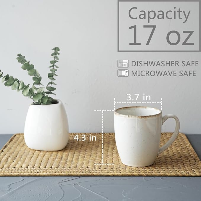 Bosmarlin Ceramic Coffee Mug Set of 4, 17 Oz, Coffee Cups with Big Handle, Microwave Safe, Unique Reactive Glaze (White, 17 Oz)