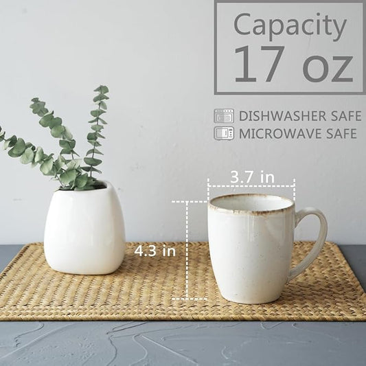 Bosmarlin Ceramic Coffee Mug Set of 4, 17 Oz, Coffee Cups with Big Handle, Microwave Safe, Unique Reactive Glaze (White, 17 Oz)