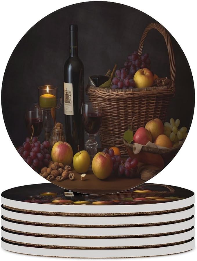 Red Wine Drink Coasters, Round Ceramic Drink Coaster Round-6PCS, Red Wine Bottle and Grapes on Wood Fruit Print Decor Absorbent Ceramic Coasters for Beverage Cup, Bar, Coffee Table