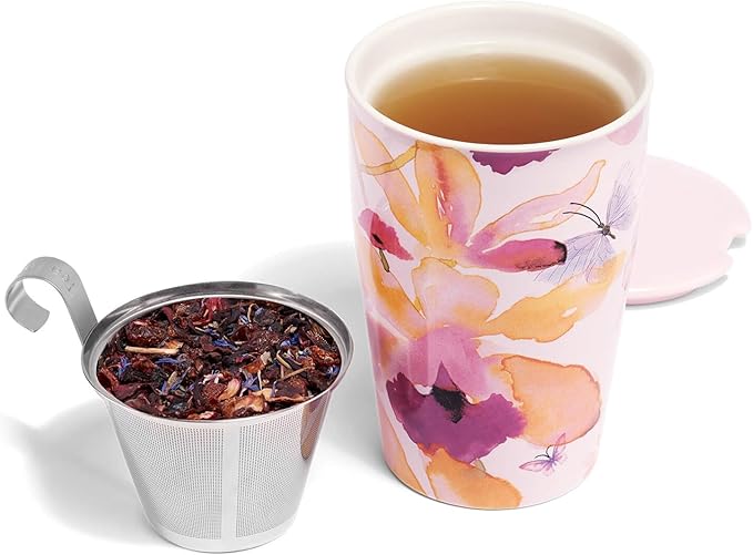 Tea Forte Double-Walled Ceramic Kati Cup, Removable Stainless Steel Infuser Basket and Lid, Steeps 12 oz Loose Leaf Tea, Dishwasher & Microwave Safe, Mariposa