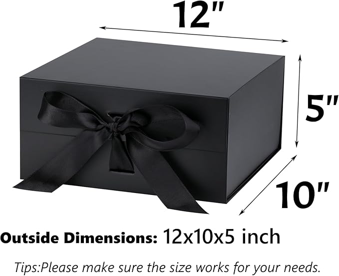 OEMVALATY Black Gift Box,12x10x5 Inches Gift Boxes with Lids for Presents with Magnetic Closure and Ribbon for Wedding,Storage,Birthday(5-Pack)