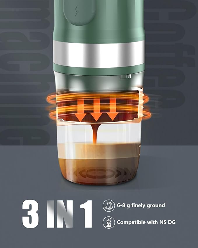 Portable Espresso Machine 3Minute Auto Heat12V Rechargeable Electri Coffee Maker 20 BaCompatible with NS DG Capsules and GroundCoffee for Camping, Travelling RVing HikingandOffice (Green)