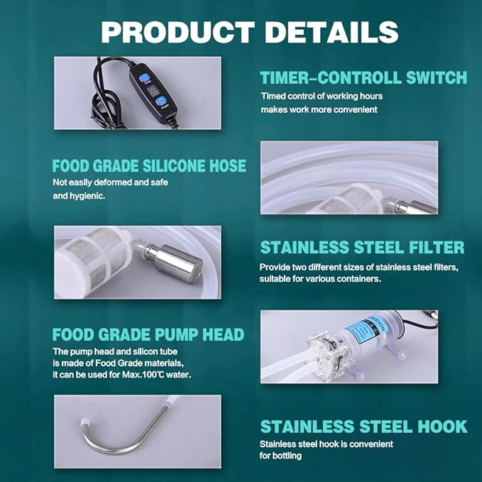 Electric Food Grade Auto Siphon Self Priming Pump for Bottling Home brew Wine,Beer and Kombucha,Water Transfer Pump 100-240V With Timer Control for Ice Maker Coffee Machine Water Cooling,2L/Min