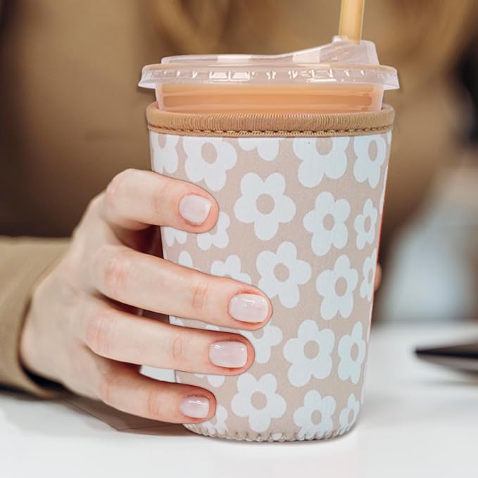 Reusable Insulated Neoprene Iced Coffee Cup Sleeve, Durable Drink Sleeve for Cold Beverages, Beverage Holder for Iced Coffee, Creamy Florals