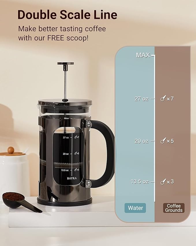 BAYKA French Press Coffee Maker, 4-Level Filtration, Easy to use, Large 304 Stainless Steel Press, Cold Brew Heat Resistant Thickened Borosilicate Pot for Camping Travel Gifts, 34 Ounce, Dark Pewter