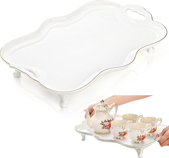 16" Ceramic Serving Tray with Handles, Vintage Large Serving Platter, Luxury British Style Coffee Table Tray, Decorative Dish with Golden Rim, Rectangular Tea Tray for Perfume for Living Room