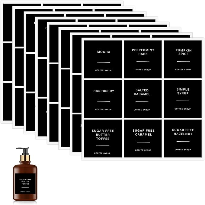 72pcs Coffee Syrup Labels for Glass Bottles, Coffee Labels Stickers for Coffee Bar and for Syrup Dispenser Drinking Bottle Glass Cups Organization, Black