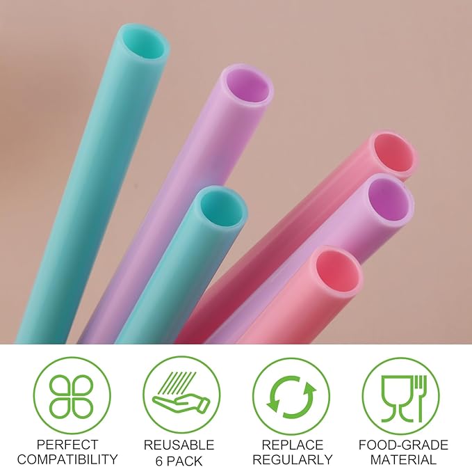 Joshey 6PCS Replacement Straws for Owala FreeSip 24oz & 32oz Water Bottles - Reusable Plastic Straws with 1 Cleaning Brush, Travel Tumbler Accessories Parts - 3 Colors (Pink, Green, Purple)