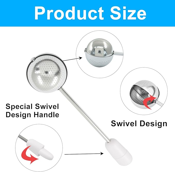 2Pcs Long Handle Tea Ball Stainless Steel White Metal Tea Ball Infuser for Loose Tea, Loose Leaf Tea Steeper for Cup, Natural Tea & Coffee
